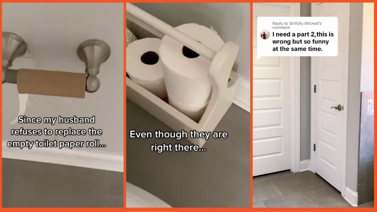 Screenshots of an empty toilet paper roll, toilet paper in a basket, and a bathroom door