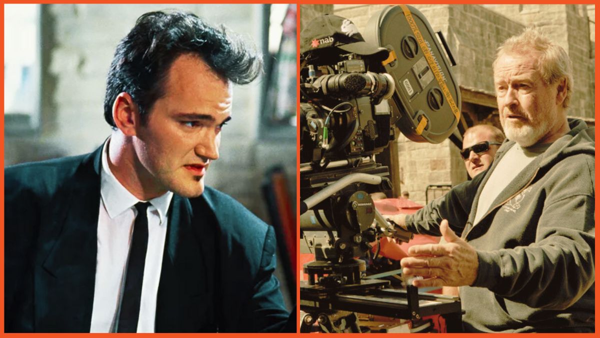 On the left there's a screenshot of Quentin Tarantino from Reservoir Dogs and on the right it's a photo of Ridley Scott on set.