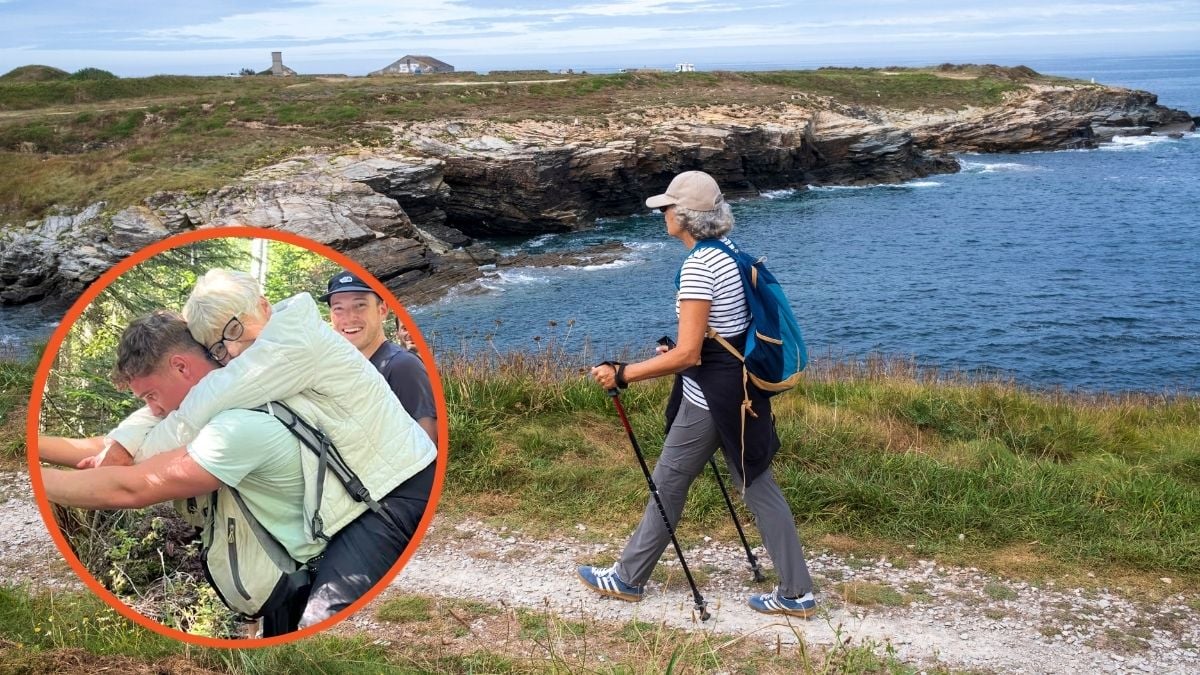 A female hiker walks along the natural path of the Cantabrian route and woman is rescued and piggybacked after breaking her leg on hike