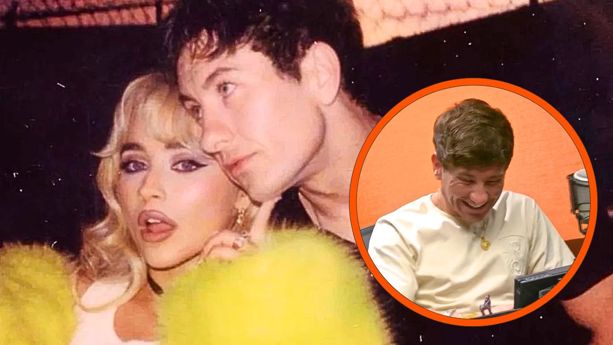 Photo montage of Sabrina Carpenter and Barry Keoghan behind the scenes of the 'Please, Please, Please' music video and Keoghan in an episode of Louis Theroux's podcast.