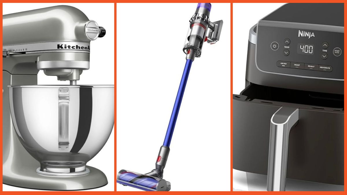 A split image of a KitchenAid-Blender, a Dyson V11 Vacuum, and a Ninja Air Fryer