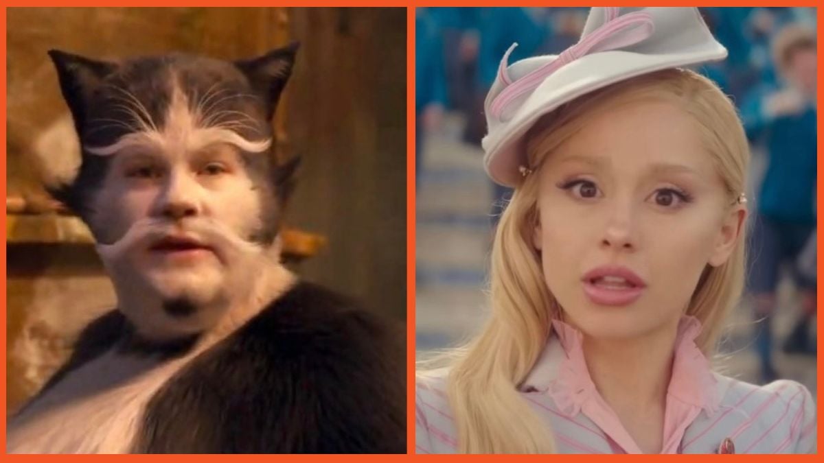 A split image of James Corden in 'Cats,' and Ariana Grande in 'Wicked'