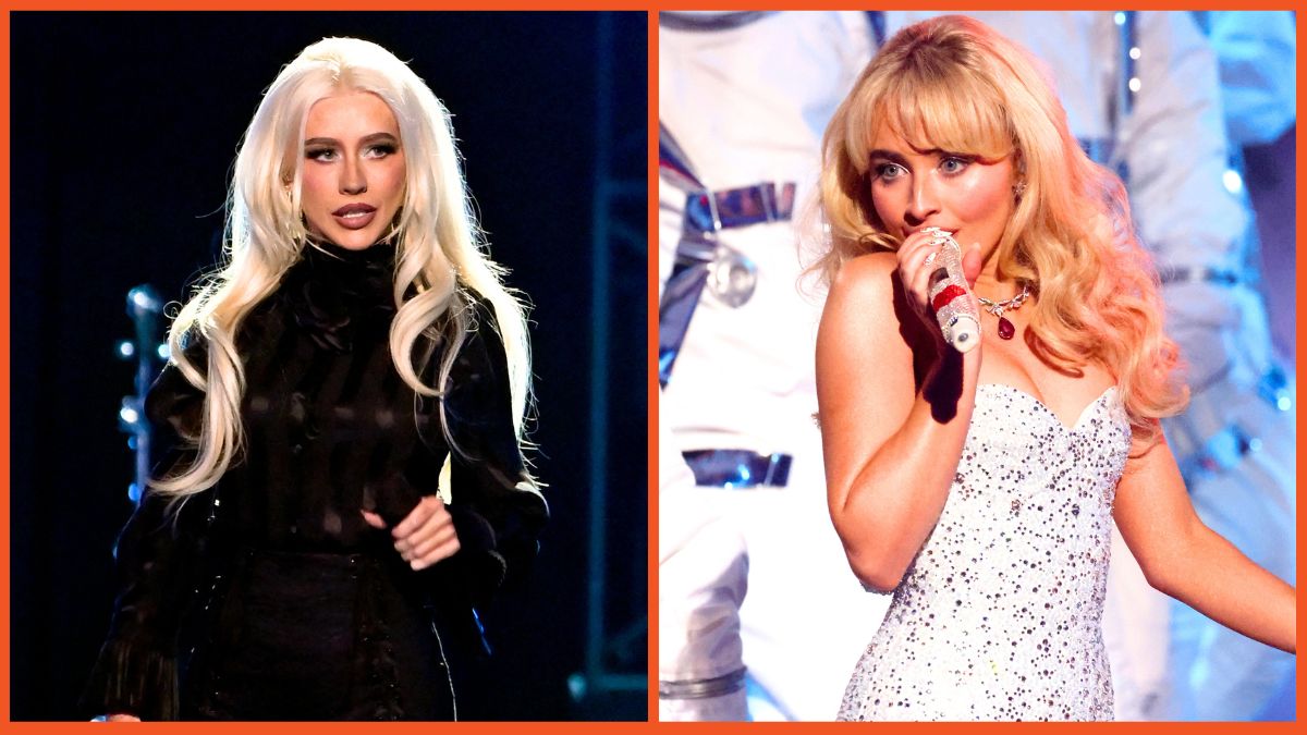 Christina Aguilera performs during the Harris-Walz election eve campaign rally at MGM Grand Garden Arena and Sabrina Carpenter performs on stage during the 2024 MTV Video Music Awards