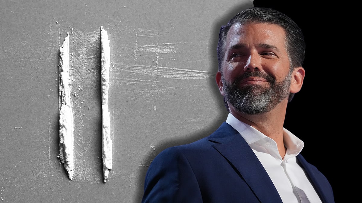 Donald Trump Jr Smiles beside 2 lines of cocaine