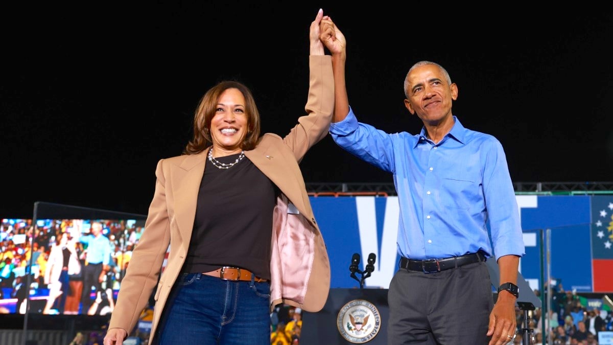 Democratic presidential nominee, U.S. Vice President Kamala Harris, campaigns with former President Barack Obama at the James R Hallford Stadium