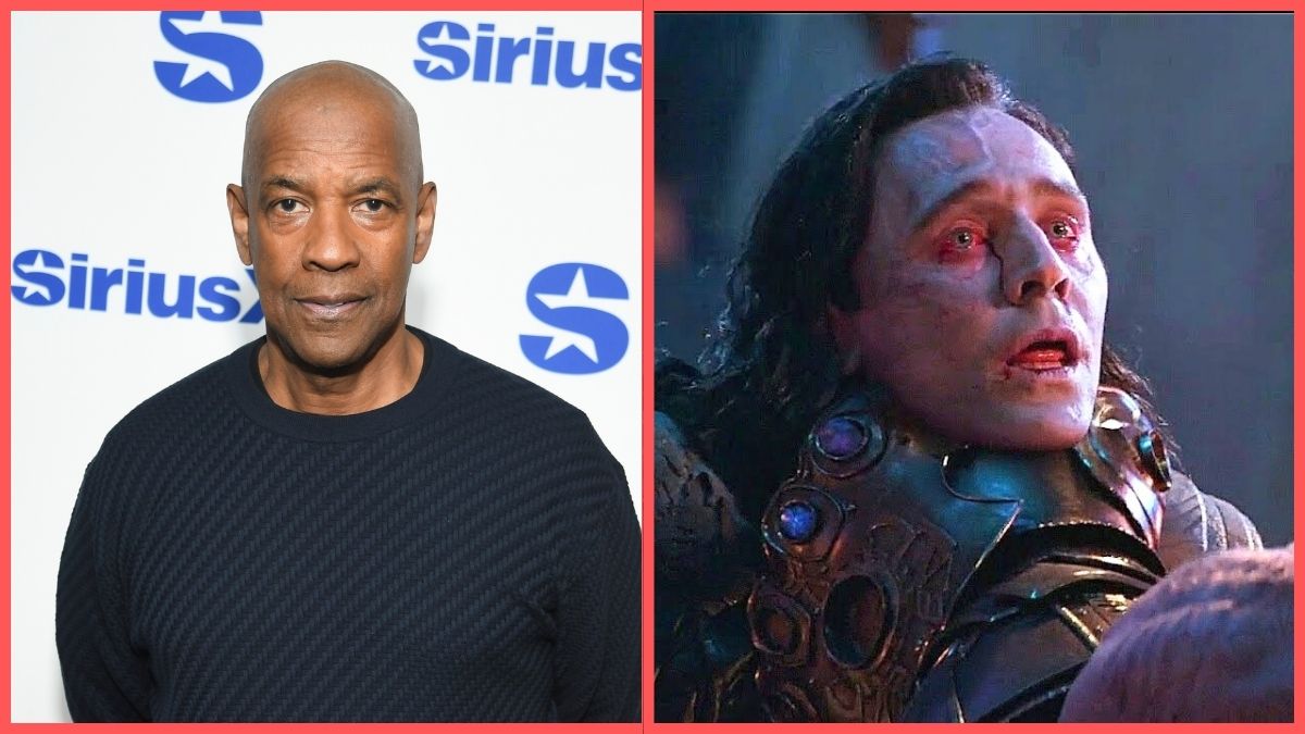 Left: Denzel Washington attends a SiriusXM Town Hall with the cast of "Gladiator II" with host Mike Muse at SiriusXM Studios on November 21, 2024 in New York City. Right: Loki is strangled by Thanos in Avengers: Infinity War