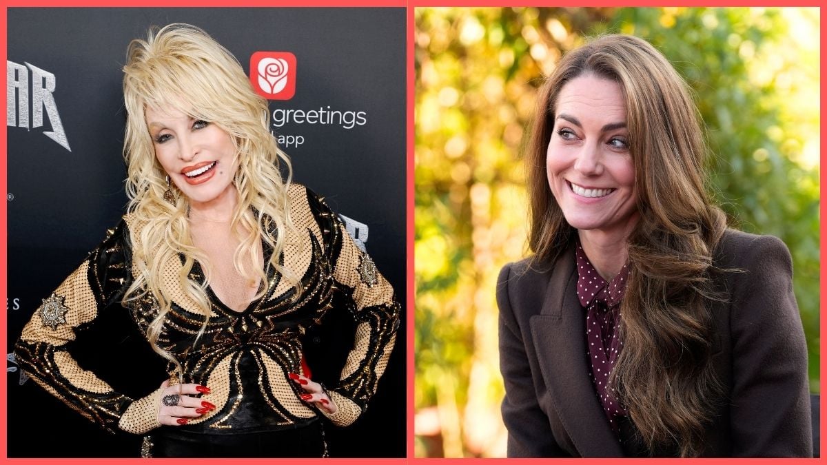 Left: Dolly Parton attends Dolly Parton's Rockstar VIP Album Release Party with American Greetings on November 16, 2023 in Nashville, Tennessee. Right: Catherine, Princess of Wales speaks with members of the Emergency Services during a visit to Southport Community Centre on October 10, 2024 in Southport, England