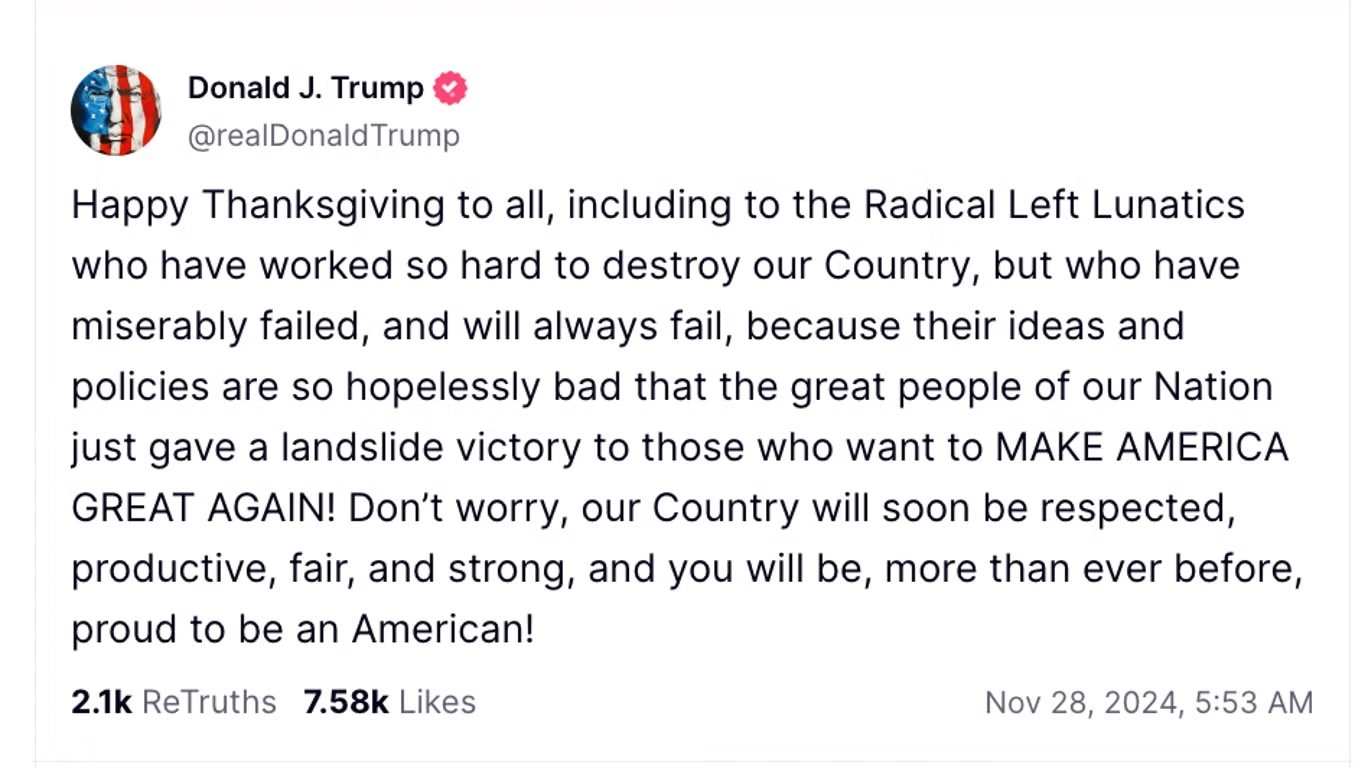 Donald Trump Truth Social Thanksgiving message