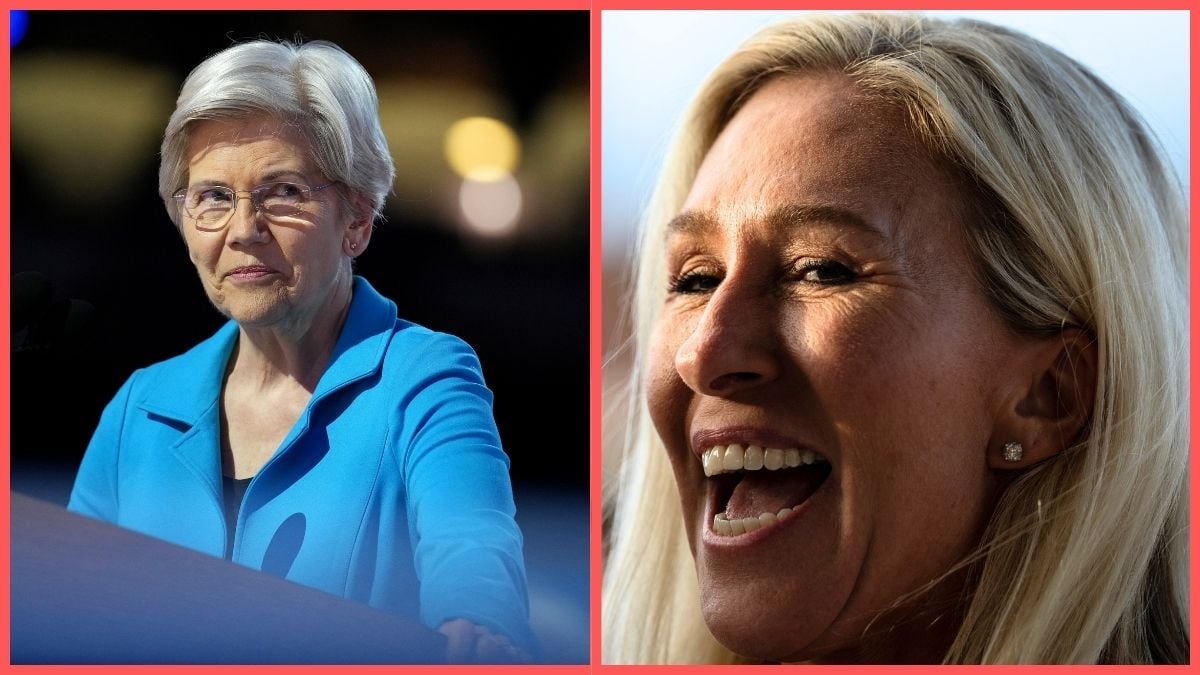 Left: U.S. Sen. Elizabeth Warren (D-MA) speaks on stage during the final day of the Democratic National Convention at the United Center on August 22, 2024 in Chicago, Illinois. Right: U.S. Rep, Marjorie Taylor Greene (R-GA) attends a campaign rally for Republican presidential nominee, former U.S. President Donald Trump at the Atrium Health Amphitheater on November 03, 2024 in Macon, Georgia.