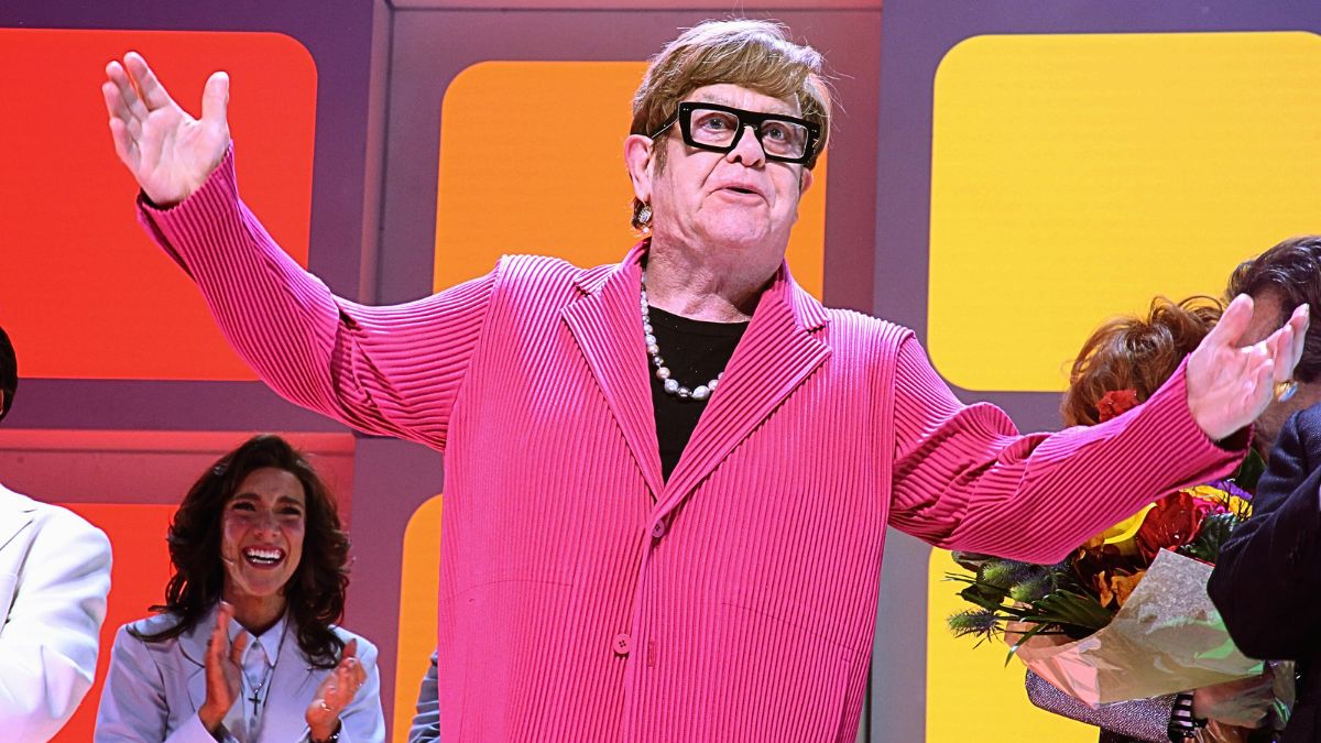 Elton John during the opening night curtain call for the new Elton John musical ""Tammy Faye" on Broadway at The Palace Theatre on November 14, 2024 in New York City.