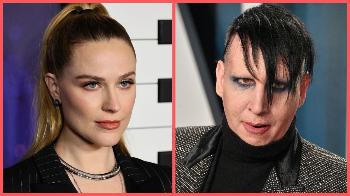 Left: Evan Rachel Wood attends the "Weird: The Al Yankovic Story" New York Premiere at Alamo Drafthouse Cinema on November 01, 2022 in New York City. Right: Marilyn Manson attends the 2020 Vanity Fair Oscar party hosted by Radhika Jones at Wallis Annenberg Center for the Performing Arts on February 09, 2020 in Beverly Hills, California.