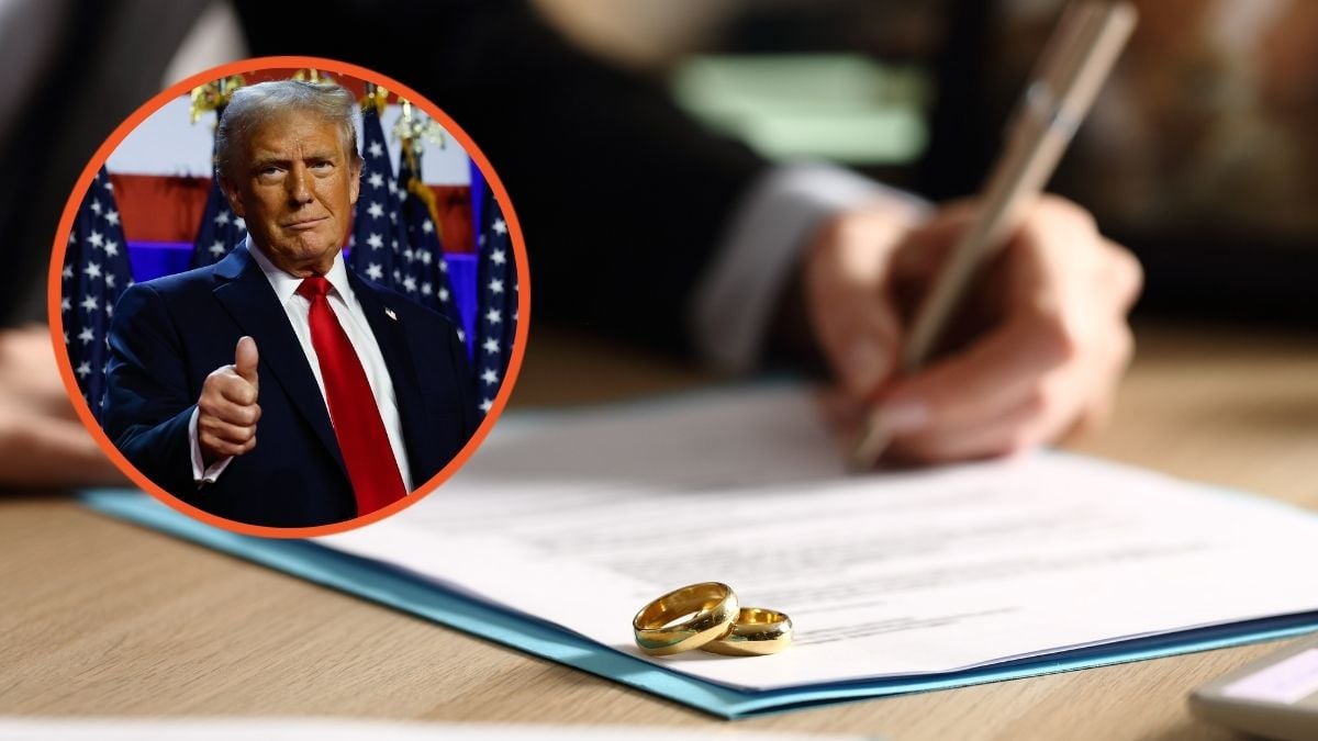 Freelance hands signs divorce papers at night and Donald Trump arrives to speak during an election night event at the Palm Beach Convention Center