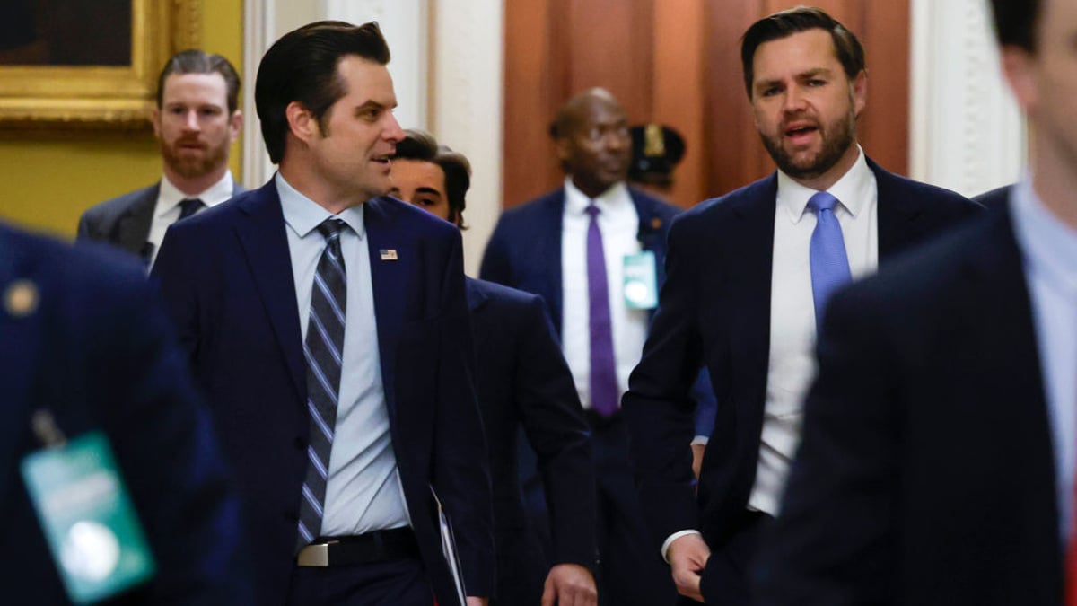 Former U.S. Rep. Matt Gaetz (R-FL) (L), President-elect Donald Trump's nominee to be Attorney General, walks with Vice President-elect JD Vance as they arrive for meetings with Senators at the U.S. Capitol on November 20, 2024 in Washington, DC. Gaetz is meeting with Senators as his nomination for Attorney General is under fire following a House Ethics Committee report that is expected to detail allegations of sexual misconduct.