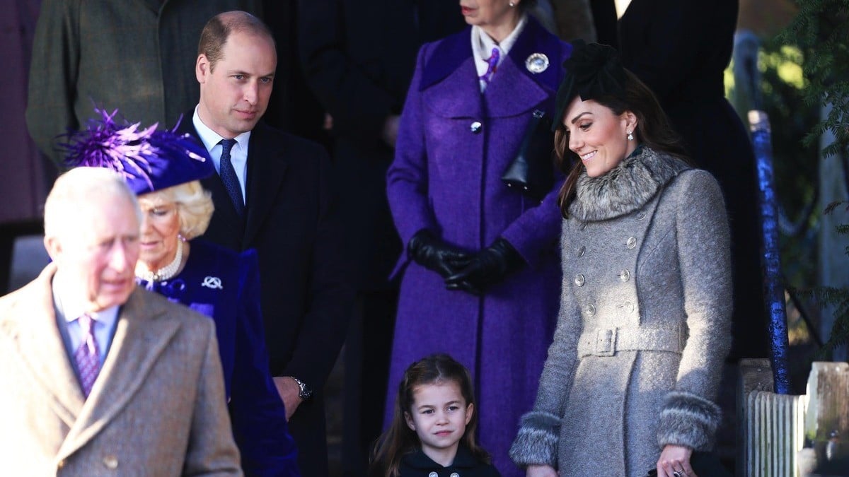 Prince Charles, Prince of Wales, Camilla, Duchess of Cornwall, Prince William, Duke of Cambridge, Princess Charlotte and Catherine, Duchess of Cambridge leave after attending the Christmas Day Church service at Church of St Mary Magdalene on the Sandringham estate on December 25, 2019 in King's Lynn, United Kingdom.