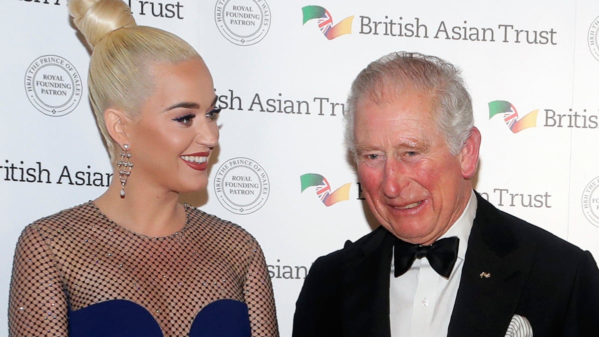 LONDON, UNITED KINGDOM - FEBRUARY 04: Prince Charles, Prince of Wales, Royal Founding Patron of the British Asian Trust poses with musician Katy Perry as they arrive to attend a reception for supporters of the British Asian Trust on February 4, 2020 in London, England.