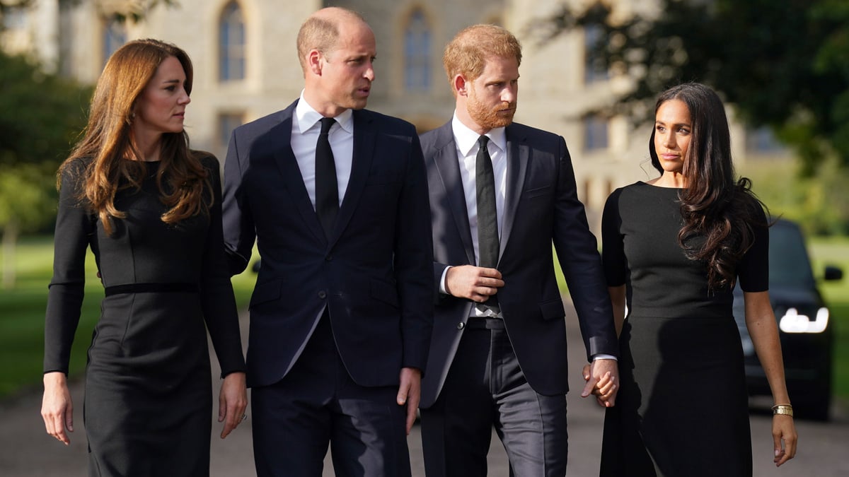 WINDSOR, ENGLAND - SEPTEMBER 10: Catherine, Princess of Wales, Prince William, Prince of Wales, Prince Harry, Duke of Sussex, and Meghan, Duchess of Sussex on the long Walk at Windsor Castle on September 10, 2022 in Windsor, England. Crowds have gathered and tributes left at the gates of Windsor Castle to Queen Elizabeth II, who died at Balmoral Castle on 8 September, 2022.