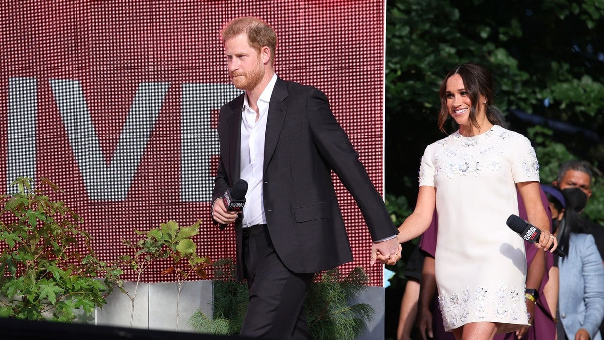 SEPTEMBER 25: Prince Harry and Meghan Markle speak onstage during Global Citizen Live, New York on September 25, 2021 in New York City.