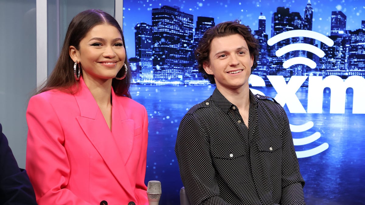 NEW YORK, NEW YORK - DECEMBER 10: Zendaya and Tom Holland speak during SiriusXM's Town Hall with the cast of Spider-Man: No Way Home on December 10, 2021 in New York City.