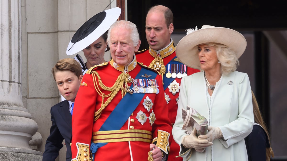 LONDON, ENGLAND - JUNE 15: Prince George of Wales, Catherine, Princess of Wales, King Charles III, Prince William, Prince of Wales, and Queen Camilla on the balcony of Buckingham Palace during Trooping the Colour on June 15, 2024 in London, England. Trooping the Colour is a ceremonial parade celebrating the official birthday of the British Monarch. The event features over 1,400 soldiers and officers, accompanied by 200 horses. More than 400 musicians from ten different bands and Corps of Drums march and perform in perfect harmony.