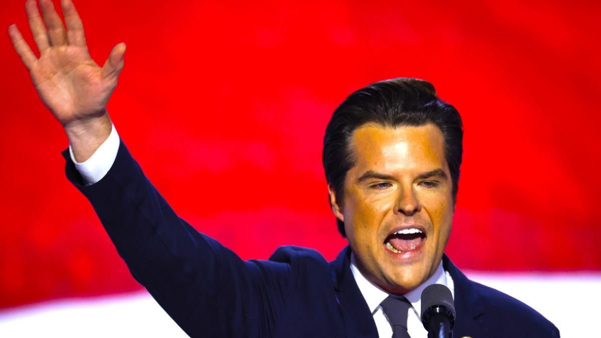 U.S. Rep. Matt Gaetz (R-FL) speaks on stage on the third day of the Republican National Convention at the Fiserv Forum on July 17, 2024 in Milwaukee, Wisconsin. Delegates, politicians, and the Republican faithful are in Milwaukee for the annual convention, concluding with former President Donald Trump accepting his party's presidential nomination. The RNC takes place from July 15-18. (Photo by Chip Somodevilla/Getty Images)