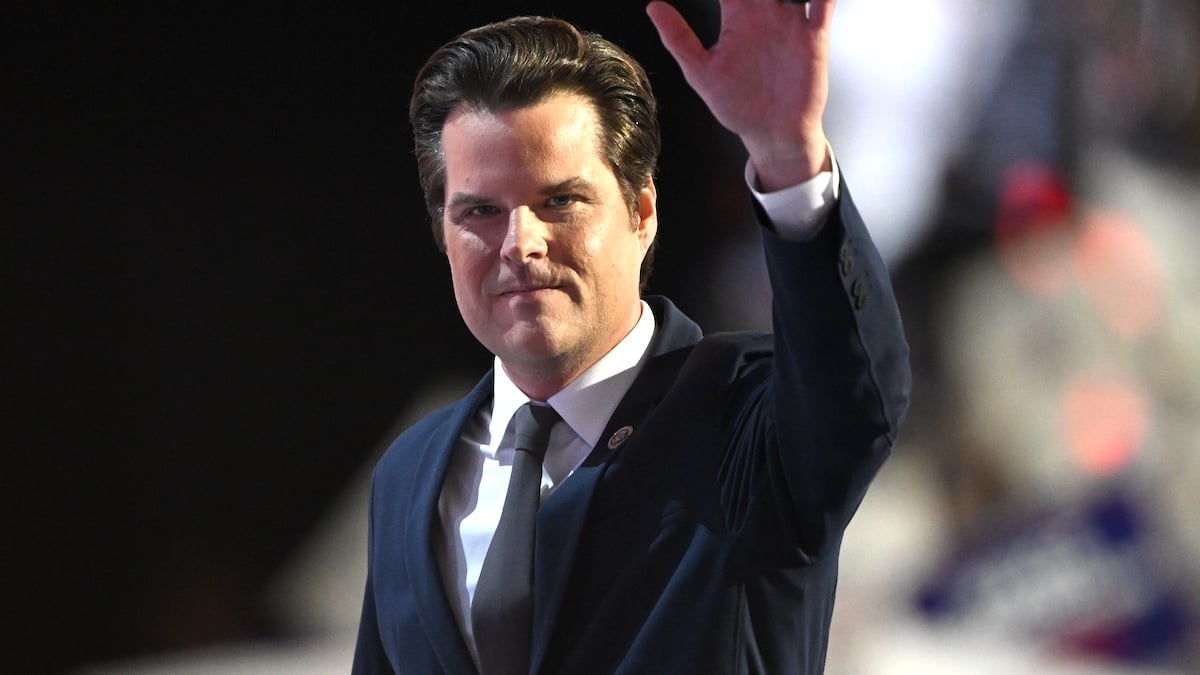 MILWAUKEE, WISCONSIN - JULY 17: U.S. Rep. Matt Gaetz (R-FL) waves on stage on the third day