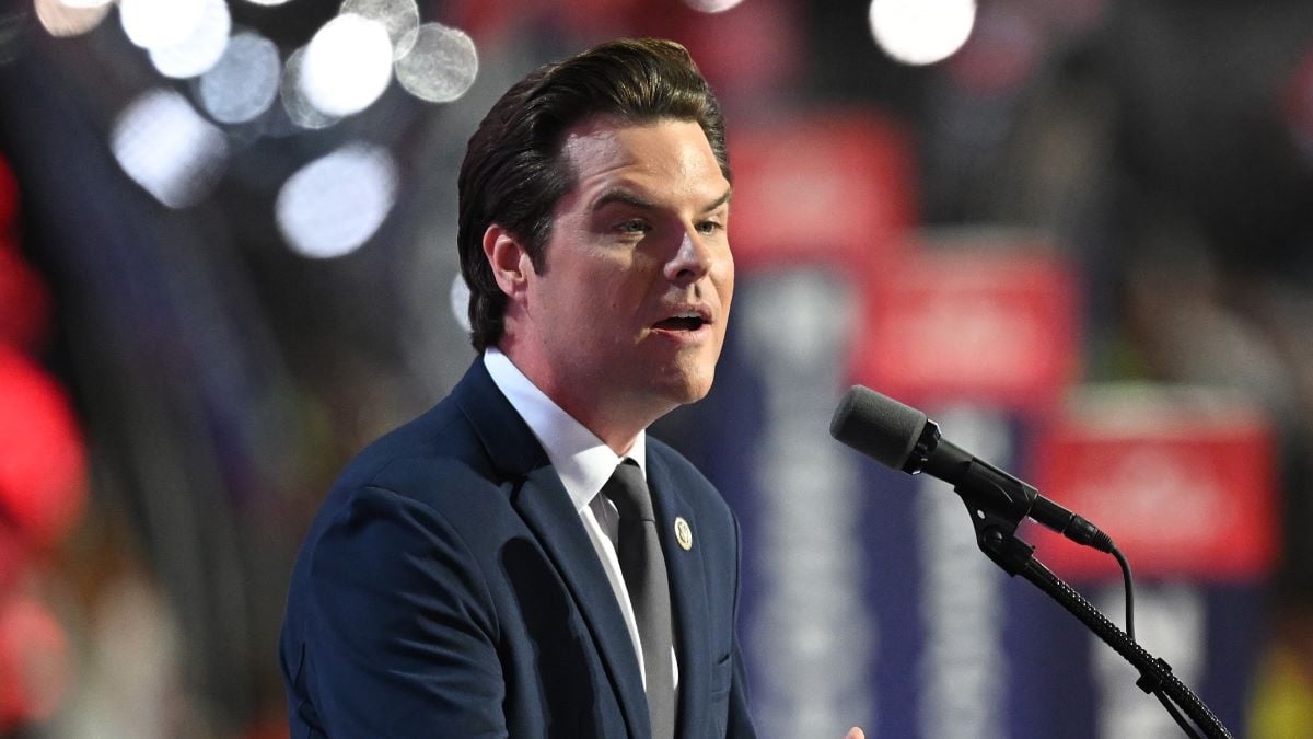 U.S. Rep. Matt Gaetz (R-FL) speaks on stage on the third day of the Republican National Convention at the Fiserv Forum on July 17, 2024 in Milwaukee, Wisconsin. Delegates, politicians, and the Republican faithful are in Milwaukee for the annual convention, concluding with former President Donald Trump accepting his party's presidential nomination. The RNC takes place from July 15-18. (Photo by Leon Neal/Getty Images)