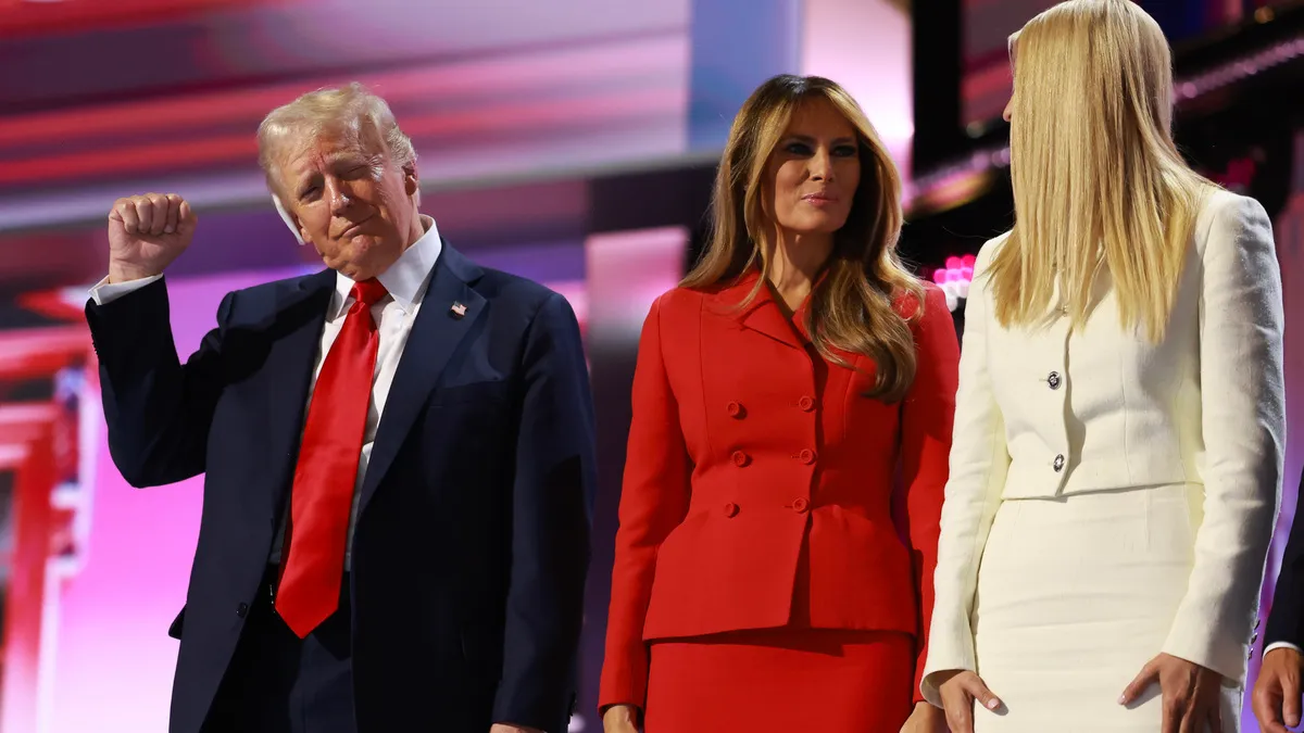 MILWAUKEE, WISCONSIN - JULY 18: Republican presidential nominee, former U.S. President Donald Trump, former first lady Melania Trump and Ivanka Trump, daughter of former U.S. President Donald Trump, celebrate after Trump officially accepted the Republican presidential nomination on the fourth day of the Republican National Convention at the Fiserv Forum on July 18, 2024 in Milwaukee, Wisconsin. Delegates, politicians, and the Republican faithful are in Milwaukee for the annual convention, concluding with former President Donald Trump accepting his party's presidential nomination. The RNC takes place from July 15-18.