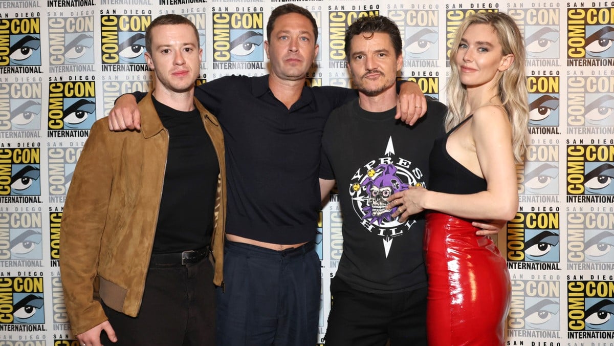 Joseph Quinn, Ebon Moss-Bachrach, Pedro Pascal and Vanessa Kirby attend the Marvel Studios Press Line during 2024 Comic-Con International at Hilton Bayfront on July 27, 2024 in San Diego, California.