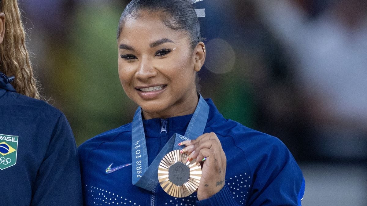 Jordan Chiles of the United States on the podium with her bronze medal after the Women's Floor Final during the Artistic Gymnastics competition at the Bercy Arena during the Paris 2024 Summer Olympic Games on August 5th, 2024 in Paris, France. (Photo by Tim Clayton/Corbis via Getty Images)