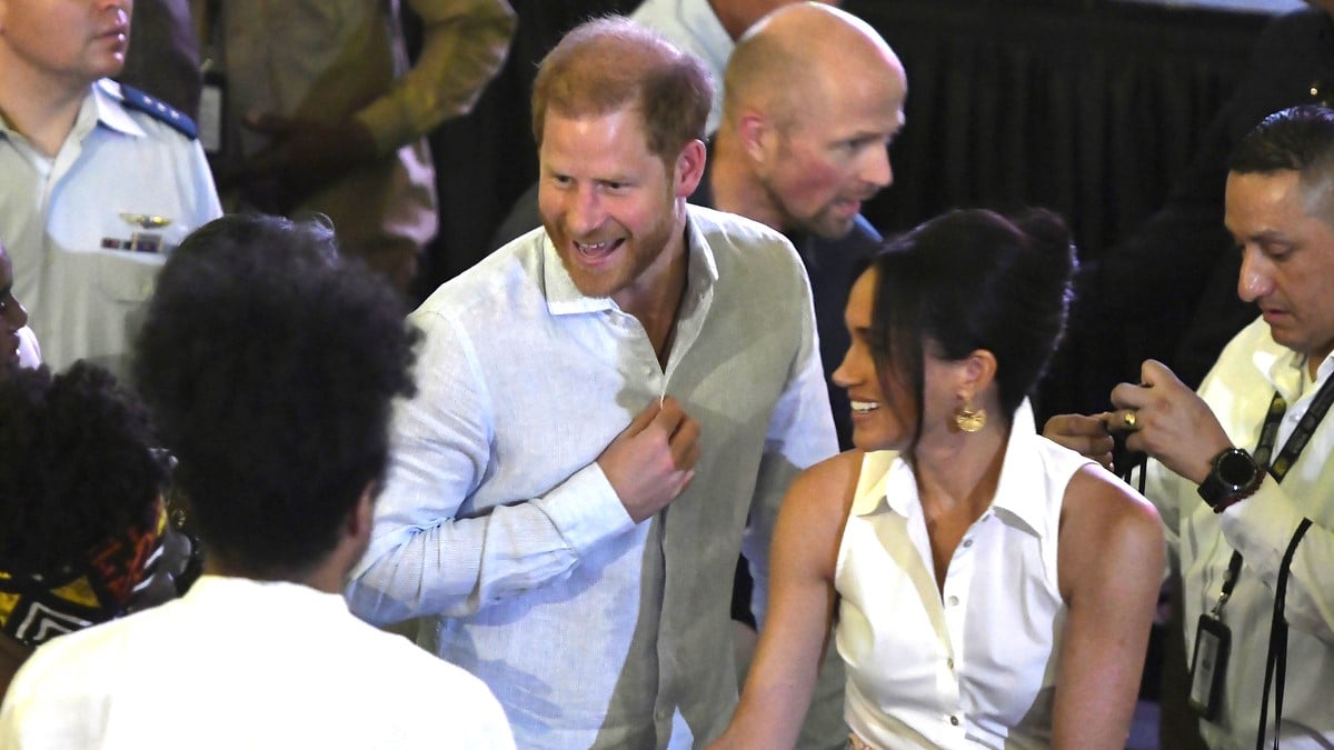 Prince Harry, Duke of Sussex, and Meghan, Duchess of Sussex are seen at the Afro Women and Power Forum at the Municipal Theater of Cali during a visit around Colombia on August 18, 2024 in Cali, Colombia