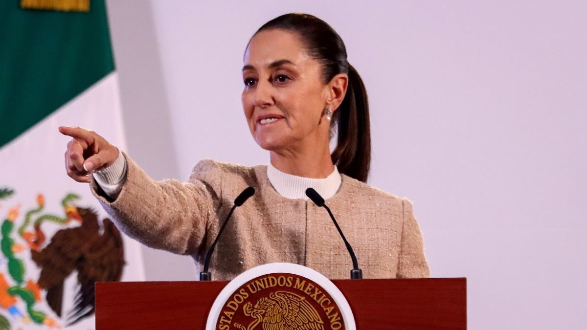 President Claudia Sheinbaum Pardo points during the daily morning briefing at the National Palace on October 14, 2024 in Mexico City, Mexico. (Photo by Emiliano Molina/ObturadorMX/Getty Images)