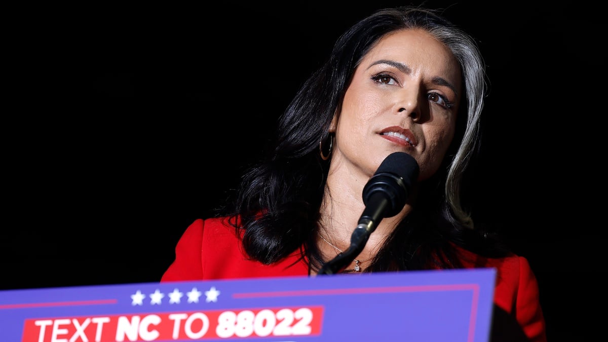 GREENSBORO, NORTH CAROLINA - OCTOBER 22: Former U.S. Representative from Hawaii Tulsi Gabbard speaks during a Republican presidential nominee, former U.S. President Donald Trump campaign rally at the Greensboro Coliseum on October 22, 2024 in Greensboro, North Carolina. With 14 days to go until Election Day, Trump continues to crisscross the country campaigning to return to office.