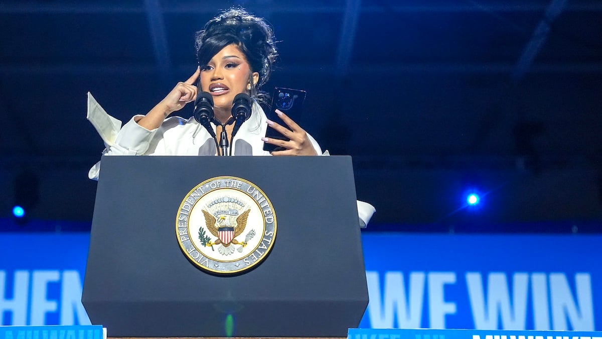 WEST ALLIS, WISCONSIN - NOVEMBER 01: Cardi B speaks during a campaign rally for Democratic presidential nominee, U.S. Vice President Kamala Harris at the Wisconsin State Fair Park Exposition Center on November 1, 2024 in West Allis, Wisconsin. With four days until election day, Vice President Kamala Harris is campaigning in Wisconsin.