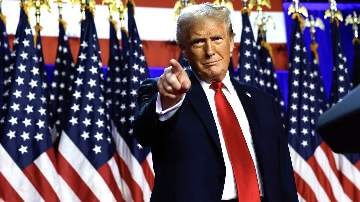 Republican presidential nominee, former U.S. President Donald Trump arrives to speak during an election night event at the Palm Beach Convention Center on November 06, 2024 in West Palm Beach, Florida.