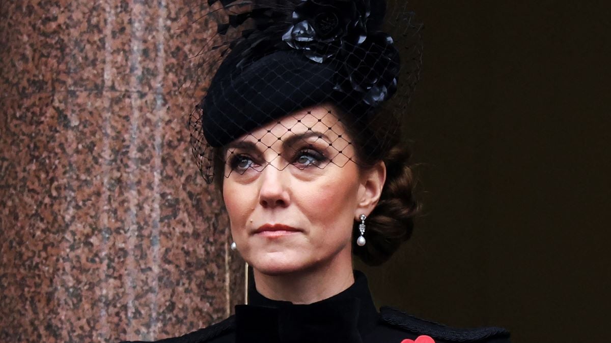 Catherine, Princess of Wales looks on from a balcony during the annual Service Of Remembrance at The Cenotaph on November 10, 2024 in London, England. Each year members of the British Royal Family join politicians, veterans and members of the public to remember those who have died in combat. (Photo by Toby Melville - WPA Pool/Getty Images)