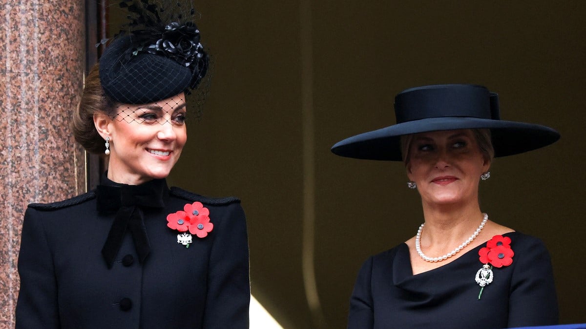 Catherine, Princess of Wales and Sophie, Duchess of Edinburgh react as they stand on a balcony the annual Service Of Remembrance at The Cenotaph on November 10, 2024 in London, England