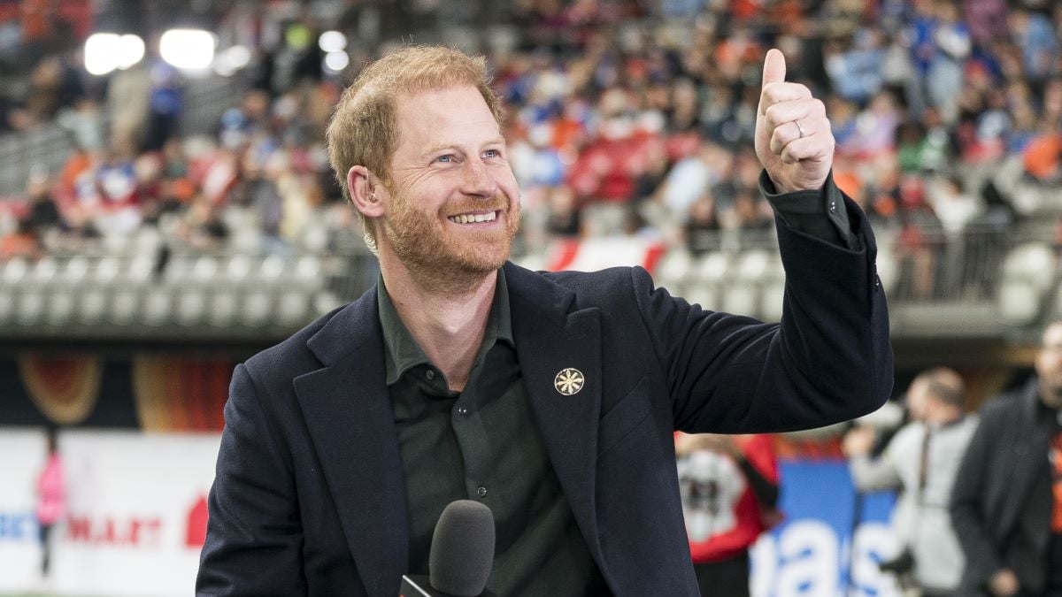 Prince Harry acknowledges fans prior to the start of a TV interview during pre-game festivities before the start of the 2024 Grey Cup at BC Place on November 17, 2024 in Vancouver, Canada. (Photo by Rich Lam/Getty Images)