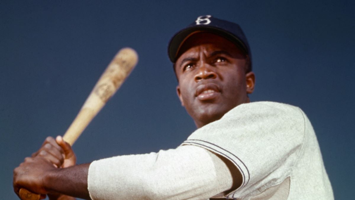 Brooklyn Dodger Jackie Robinson poses in his batting stance. Robinson broke baseball's color barrier when he joined the Dodgers in April 1947, going on to be named National League Rookie of the Year. Two year's later, Robinson was named National League Most Valuable Player.