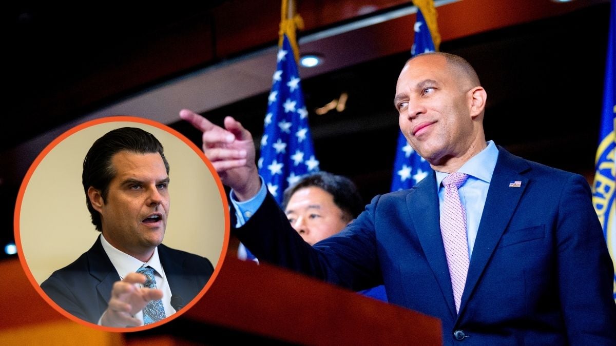 Hakeem Jeffries (D-NY) takes a question from a reporter during a news conference and Matt Gaetz (R-FL) speaks during the House Judiciary Subcommittee on Crime and Federal Government Surveillance hearing