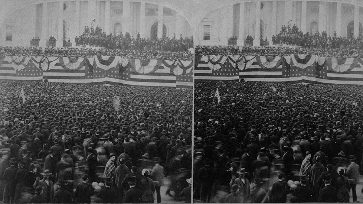 Stereoscopic image showing American lawyer and politician Grover Cleveland (1837-1908) deliver his inaugural address to crowd at the inauguration of US President Cleveland, from the East Portico of United States Capitol in Washington DC, 4th March 1885.