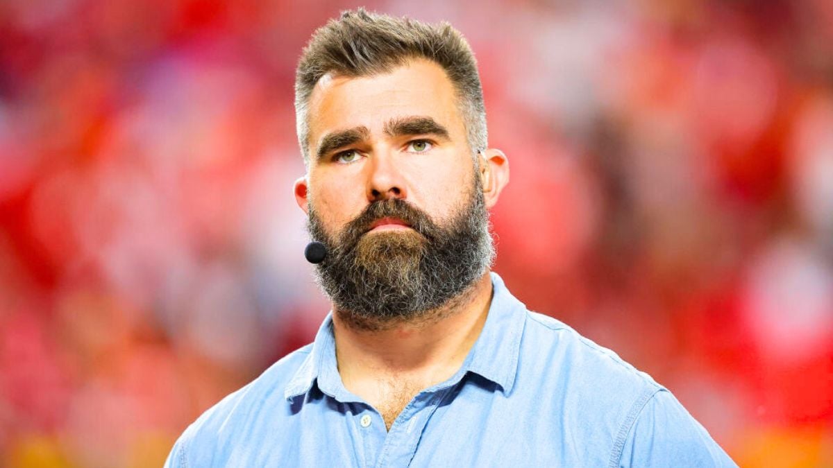 KANSAS CITY, MISSOURI - OCTOBER 7: Jason Kelce works as a broadcaster on Monday Night Football prior to the game between the Kansas City Chiefs and the New Orleans Saints at GEHA Field at Arrowhead Stadium on October 7, 2024 in Kansas City, Missouri. (Photo by David Eulitt/Getty Images)