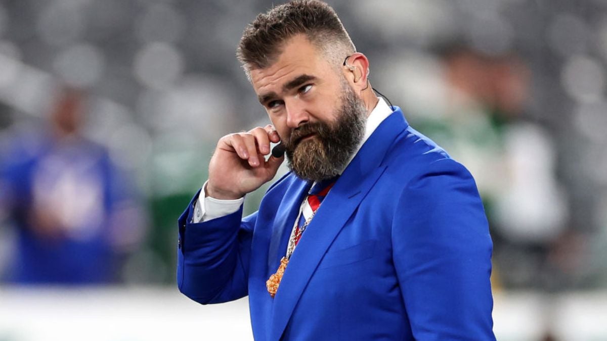 EAST RUTHERFORD, NEW JERSEY - OCTOBER 14: Jason Kelce looks on before the game between the New York Jets and the Buffalo Bills at MetLife Stadium on October 14, 2024 in East Rutherford, New Jersey. (Photo by Luke Hales/Getty Images)