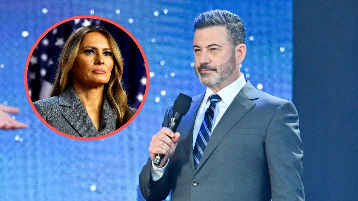 Jimmy Kimmel is seen on October 15, 2024 in Los Angeles, California. Inset: Former first lady Melania Trump looks on during an election night event for Republican presidential nominee, former U.S. President Donald Trump at the Palm Beach Convention Center on November 06, 2024 in West Palm Beach, Florida.