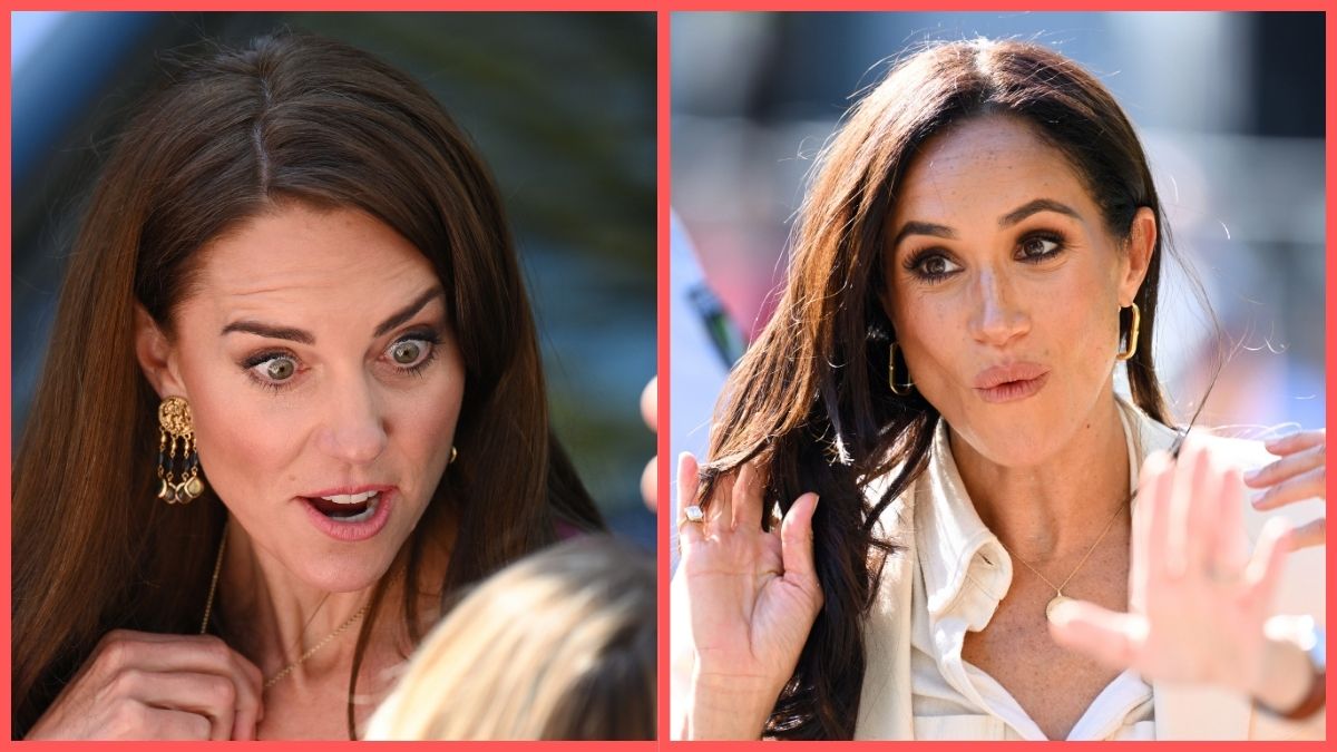 Left: Catherine, Princess of Wales meets the public outside The Rectory with Prince William, Prince of Wales during their visit to Birmingham on April 20, 2023 in Birmingham, England. Right: Meghan, Duchess of Sussex attends the cycling medal ceremony at the Cycling Track during day six of the Invictus Games Düsseldorf 2023 on September 15, 2023 in Dusseldorf, Germany.