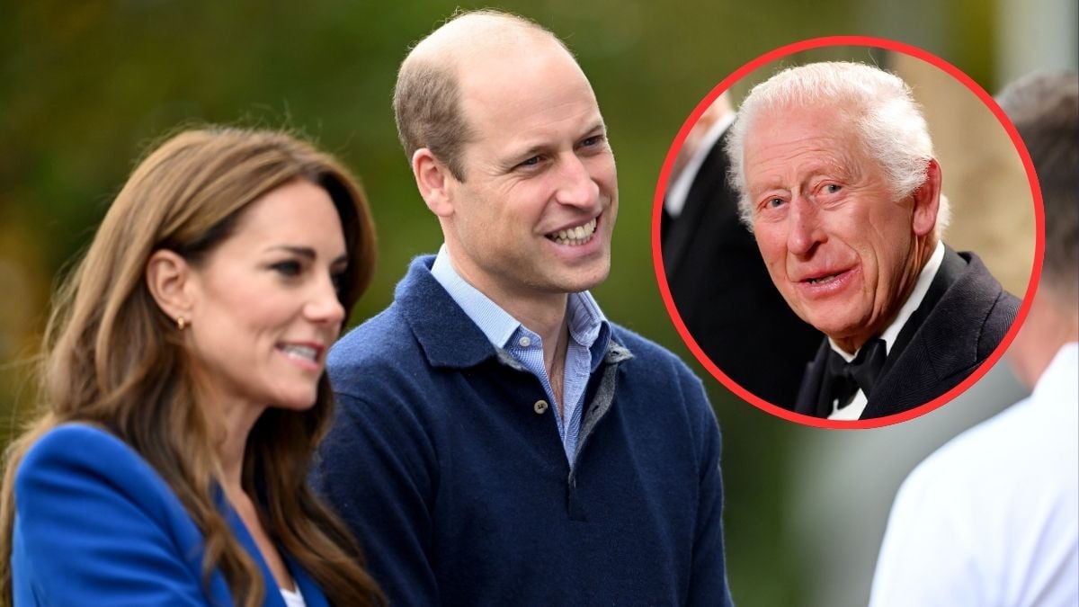 Prince William, Prince of Wales and Catherine, Princess of Wales arrive for their visit to SportsAid at Bisham Abbey National Sports Centre to mark World Mental Health Day on October 12, 2023 in Marlow, England. Inset: King Charles III attends the Royal Variety Performance at the Royal Albert Hall on November 22, 2024 in London, England.