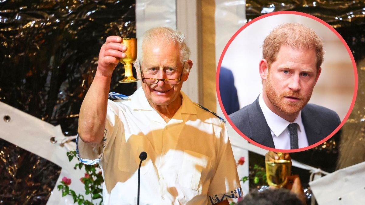 Britain's King Charles III raises his glass at the CHOGM Reception & Dinner at the Robert Louis Stevenson Museum, near Apia on October 25, 2024 in Apia, Samoa. Inset: Prince Harry, Duke of Sussex arrives at the Royal Courts of Justice on March 28, 2023 in London, England.