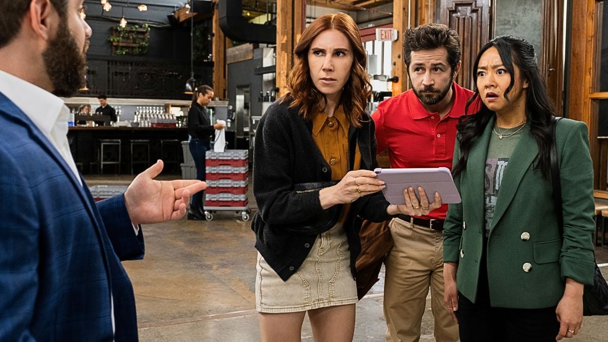 Zosia Mamet, Michael Angarano and Stephanie Hsu in Peacock's 'Laid'.