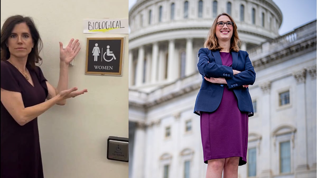 Sarah McBride poses in front of the Capitol building Nancy Mace stands in front of a toilet.