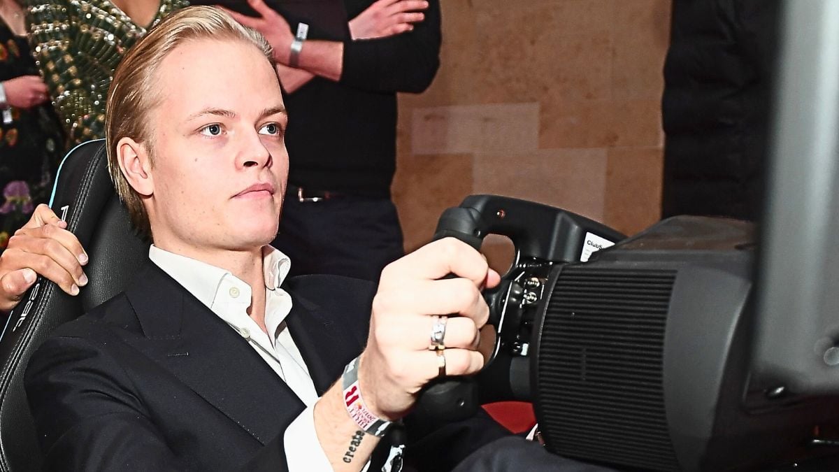 Mitch Evans (L) and Marius Borg Hoiby compete on the Formula E Simulator at the BRITS official aftershow party, in partnership with Tempus Magazine, at the Intercontinental London - The O2 on February 21, 2018 in London, England