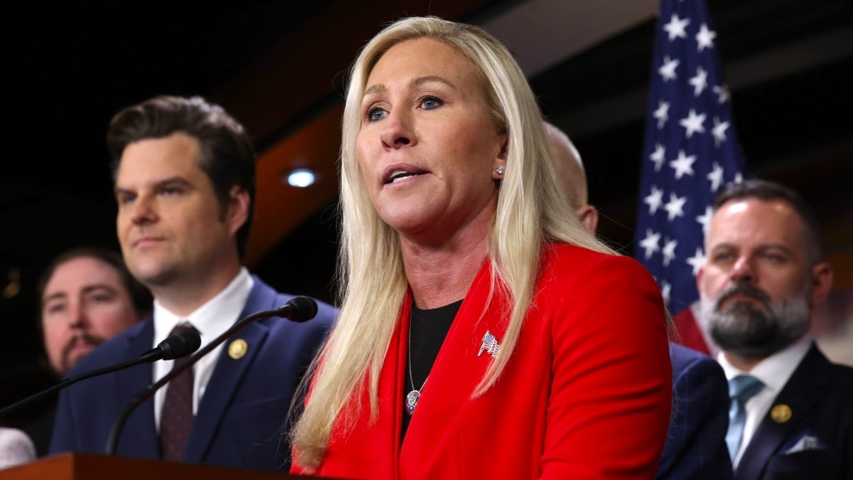 Marjorie Taylor Greene (R-GA), joined by fellow Republicans, speaks on President Trump's involvement with January 6